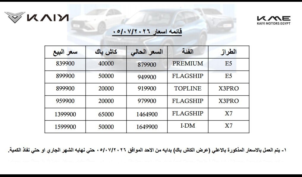 بقيمة تصل إلى 65 ألف جنيه.. وكيل «كايي» يعلن عرض «كاش باك» على جميع سيارات KAIYI في السوق المصري